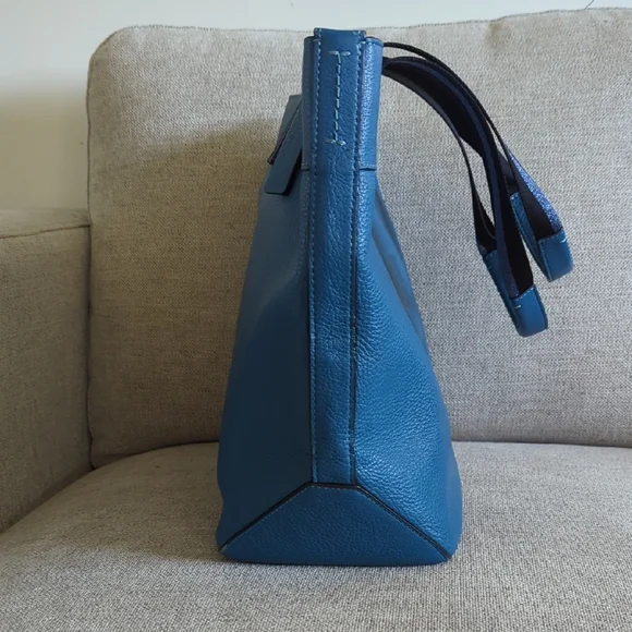 Coach Teal/Blue Pebble Leather Tote with Striped Handles - Picture 5 of 9